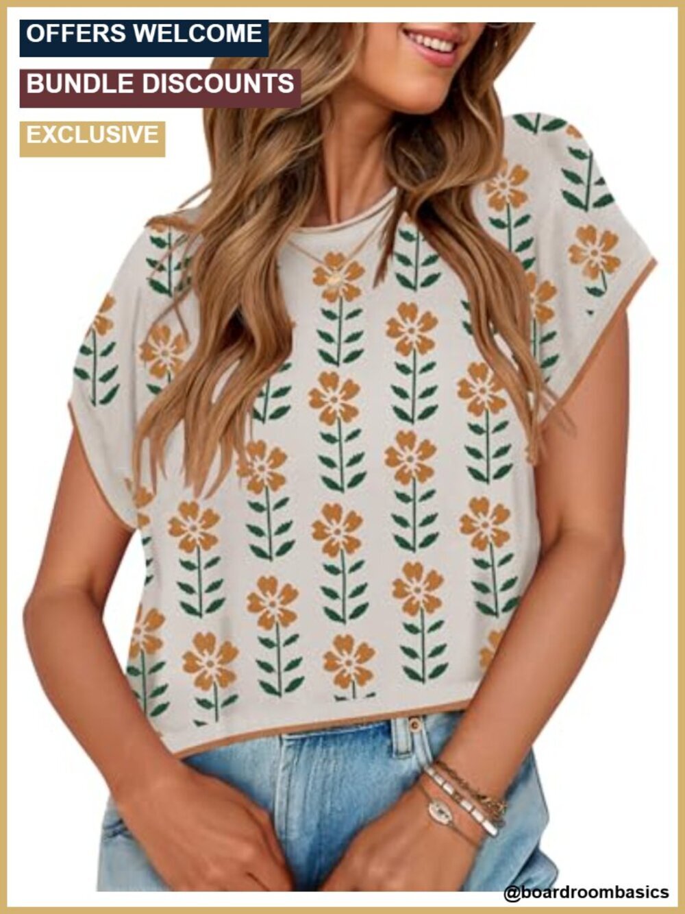 Women's Floral Print Cap Sleeve Knit Sweater Vest Crewneck Loose Fit Summer Top